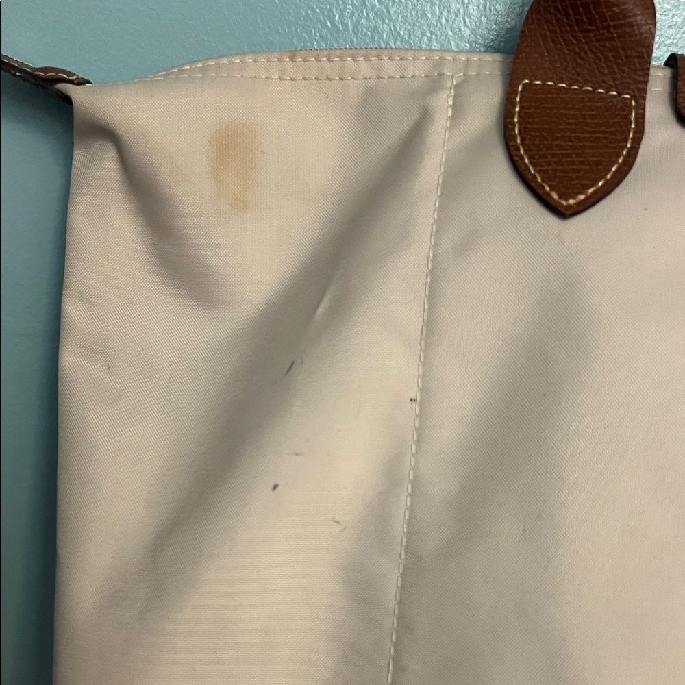 Longchamp Women's Pink Canvas Tan Tote Bag with Brown Trim - Picture 10 of 17